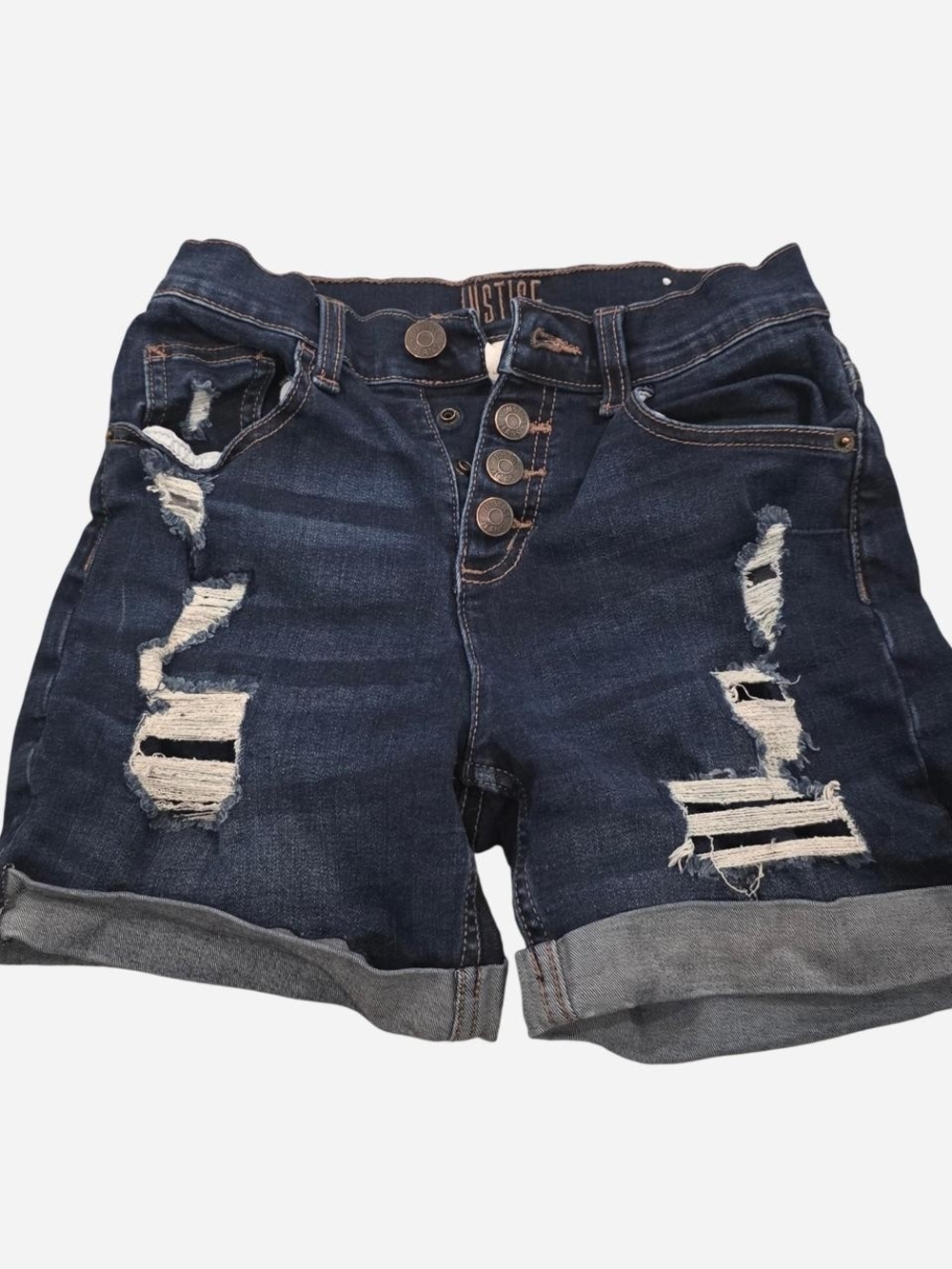 Justice Dark Blue Distressed Roll-Cuff Denim Shorts
